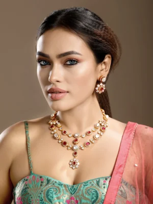 Gold red cream Kundan Polki ruby pearl long necklace set with earrings from Golden Muslin By Hrisha