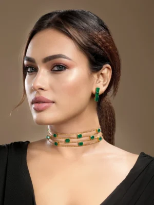 Green gold synthetic emerald choker necklace set with earrings from Golden Muslin By Hrisha