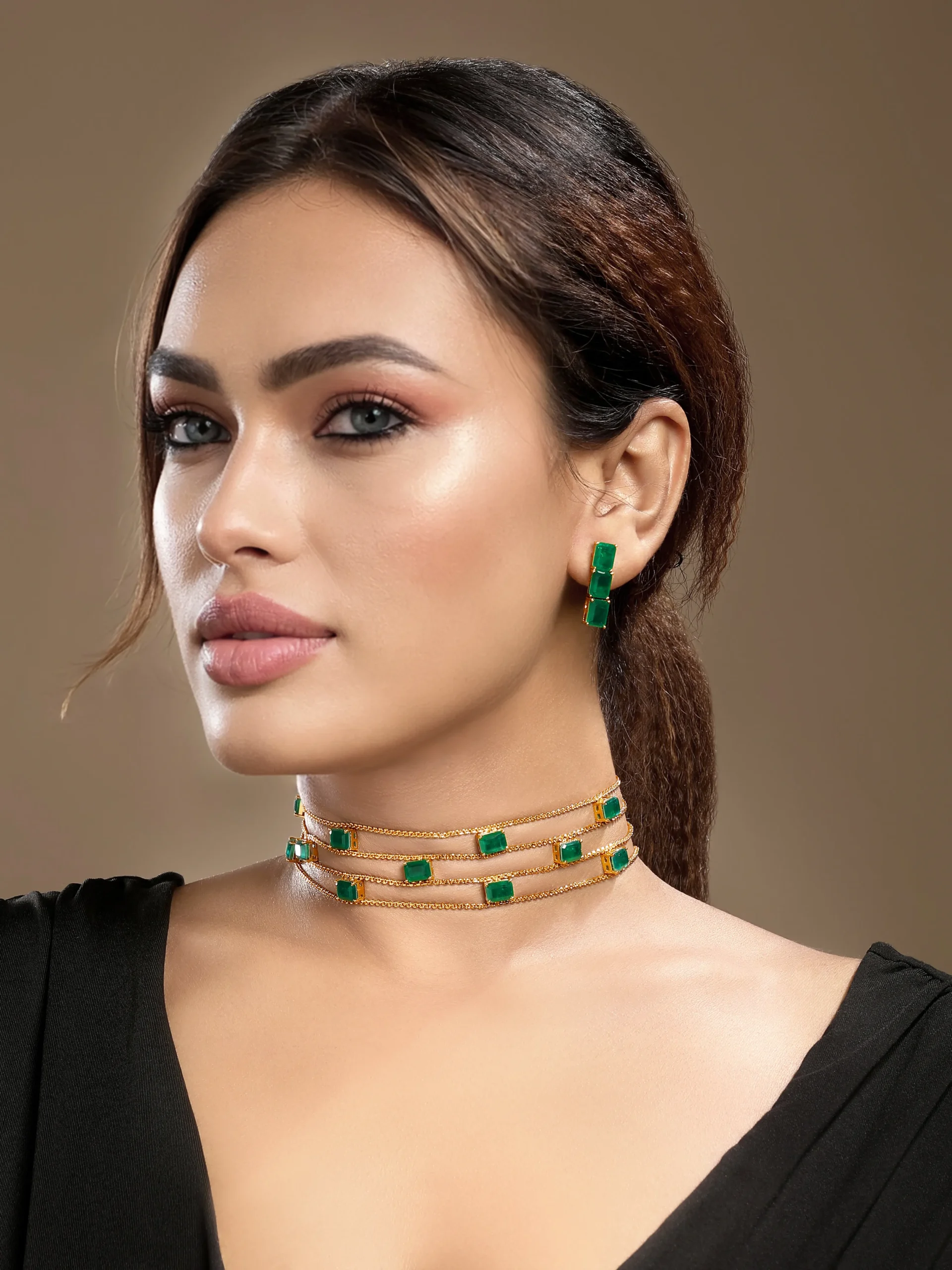 Green gold synthetic emerald choker necklace set with earrings from Golden Muslin By Hrisha