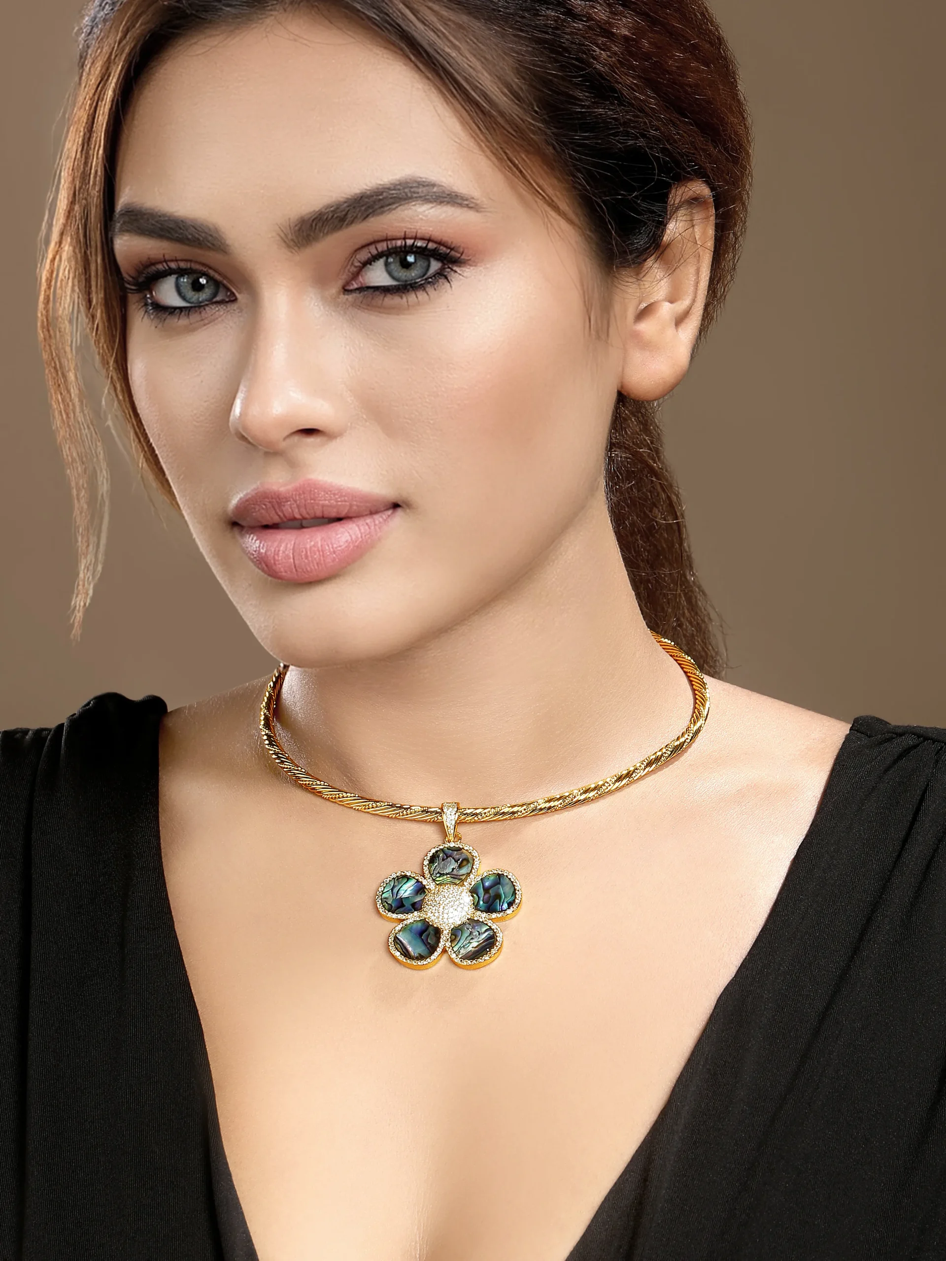 Multicolor mother of pearl CZ gold choker necklace from Golden Muslin By Hrisha