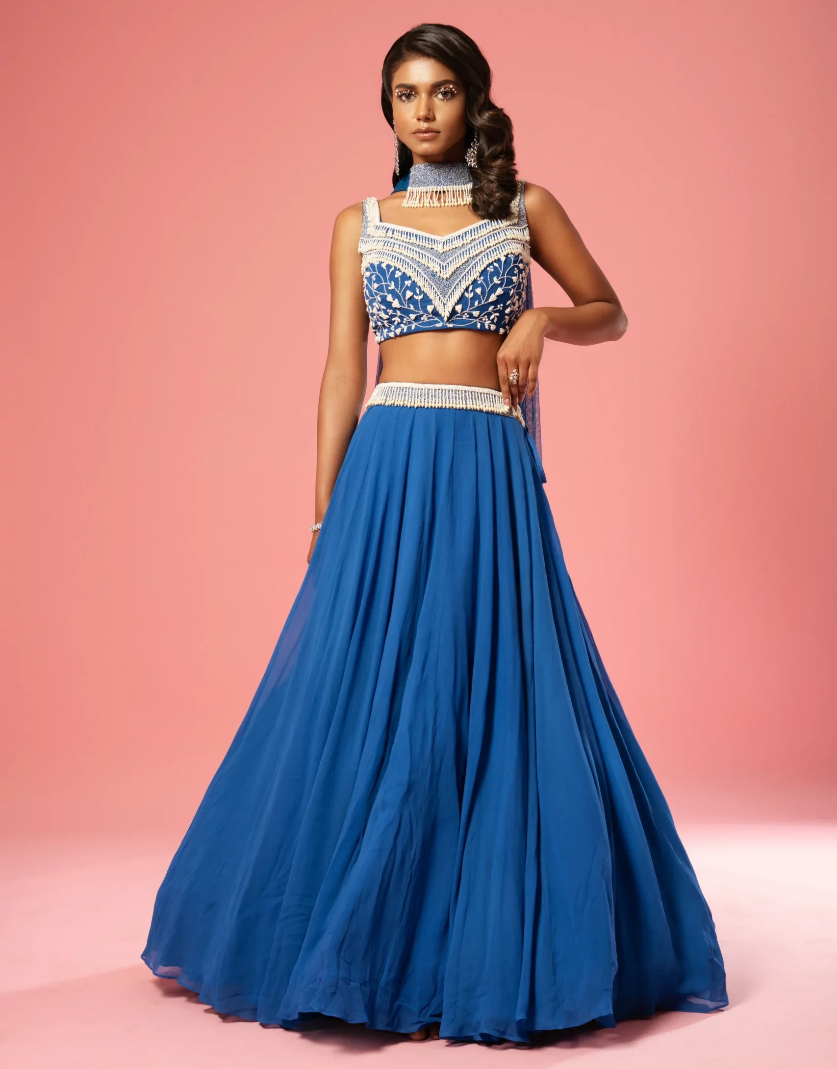 Cobalt Blue Pure Georgette Lehenga with pearl work blouse, belt and soft net dupatta from Golden Muslin By Quench A Thirst