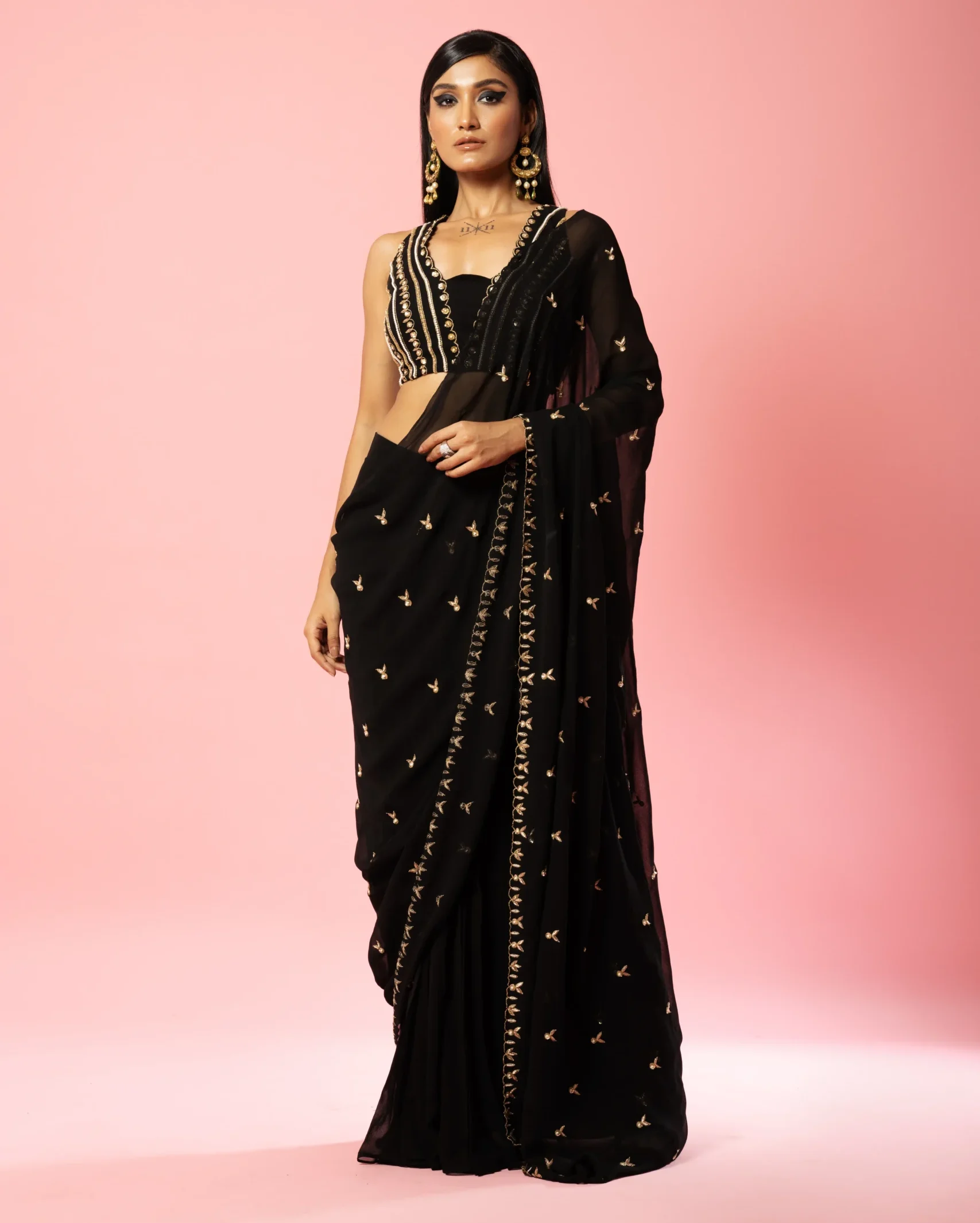 Black Pre-Stitched Georgette Saree with Handwork on Blouse and Pallu from Golden Muslin By Quench A Thirst
