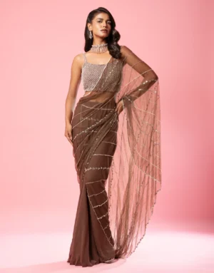 Coffee Brown Pre-Stitched Georgette and Net Saree with Hand Embroidery from Golden Muslin By Quench A Thirst