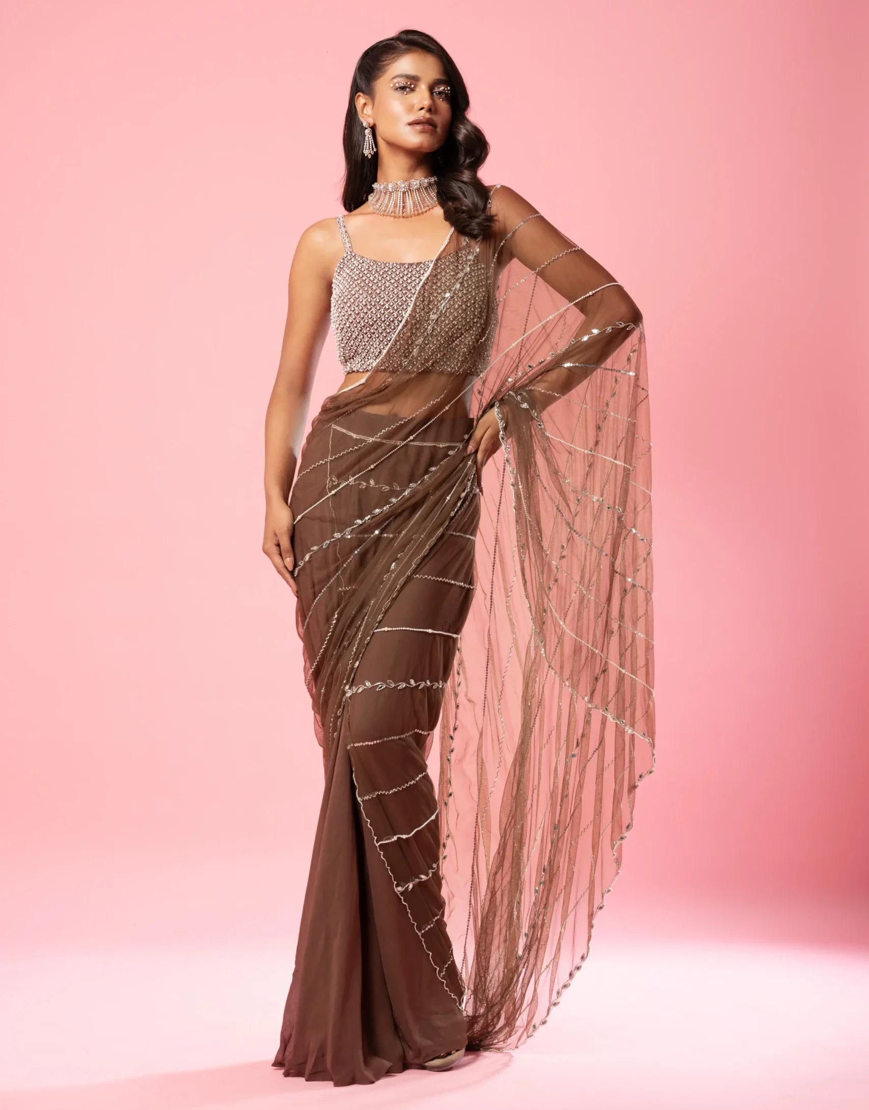 Coffee Brown Pre-Stitched Georgette and Net Saree with Hand Embroidery from Golden Muslin By Quench A Thirst