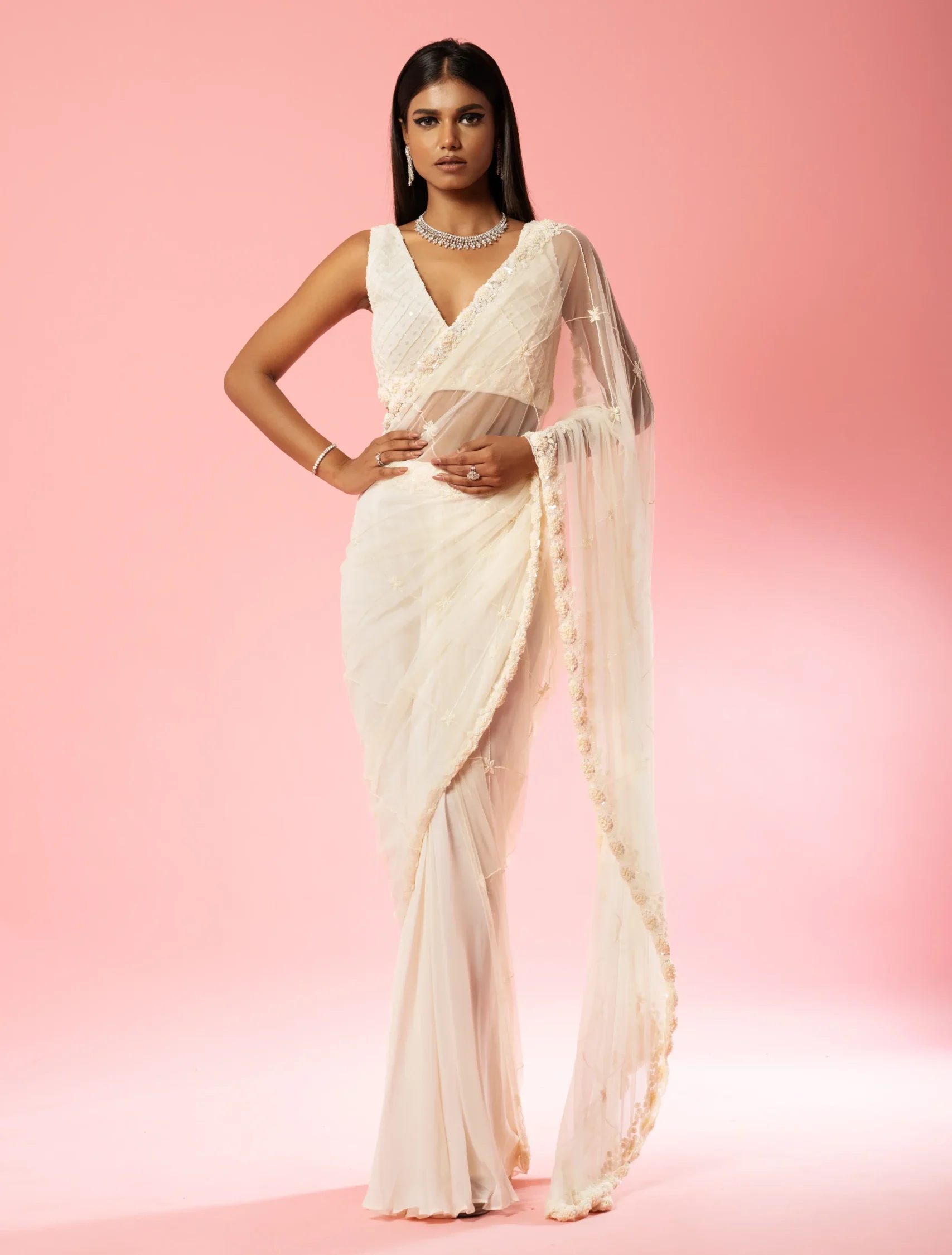 Ivory Pre-Stitched Georgette and Net Saree with Hand Embroidery from Golden Muslin By Quench A Thirst