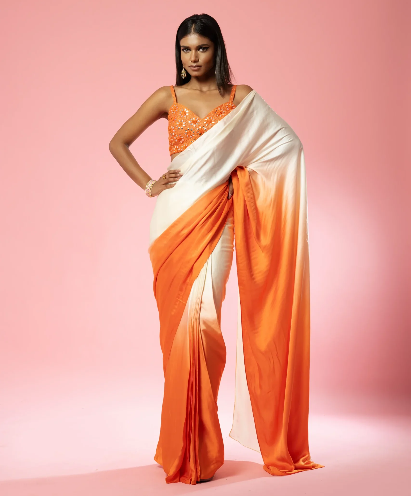 Ivory and Orange Ombre Pre-Stitched Saree with mirror and pearl embroidery from Golden Muslin By Quench A Thirst