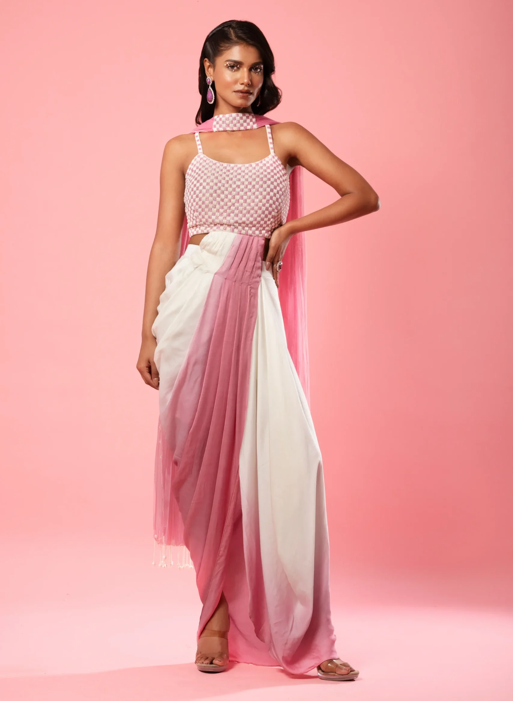 Pink and Ivory Ombre Pre-Draped Modal Satin Dress with Hand Embroidery from Golden Muslin By Quench A Thirst