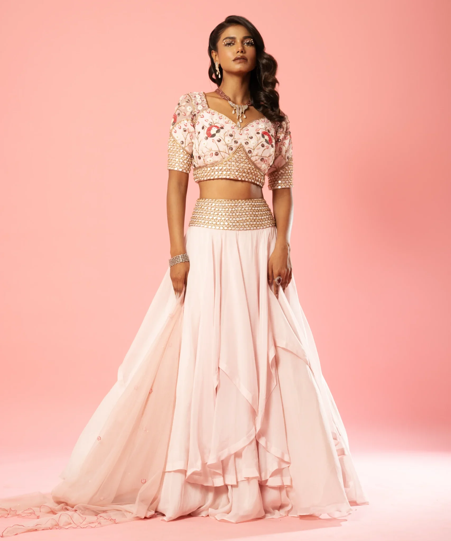 Baby Pink Organza Layered Lehenga with embroidered blouse and soft net dupatta from Golden Muslin By Quench A Thirst