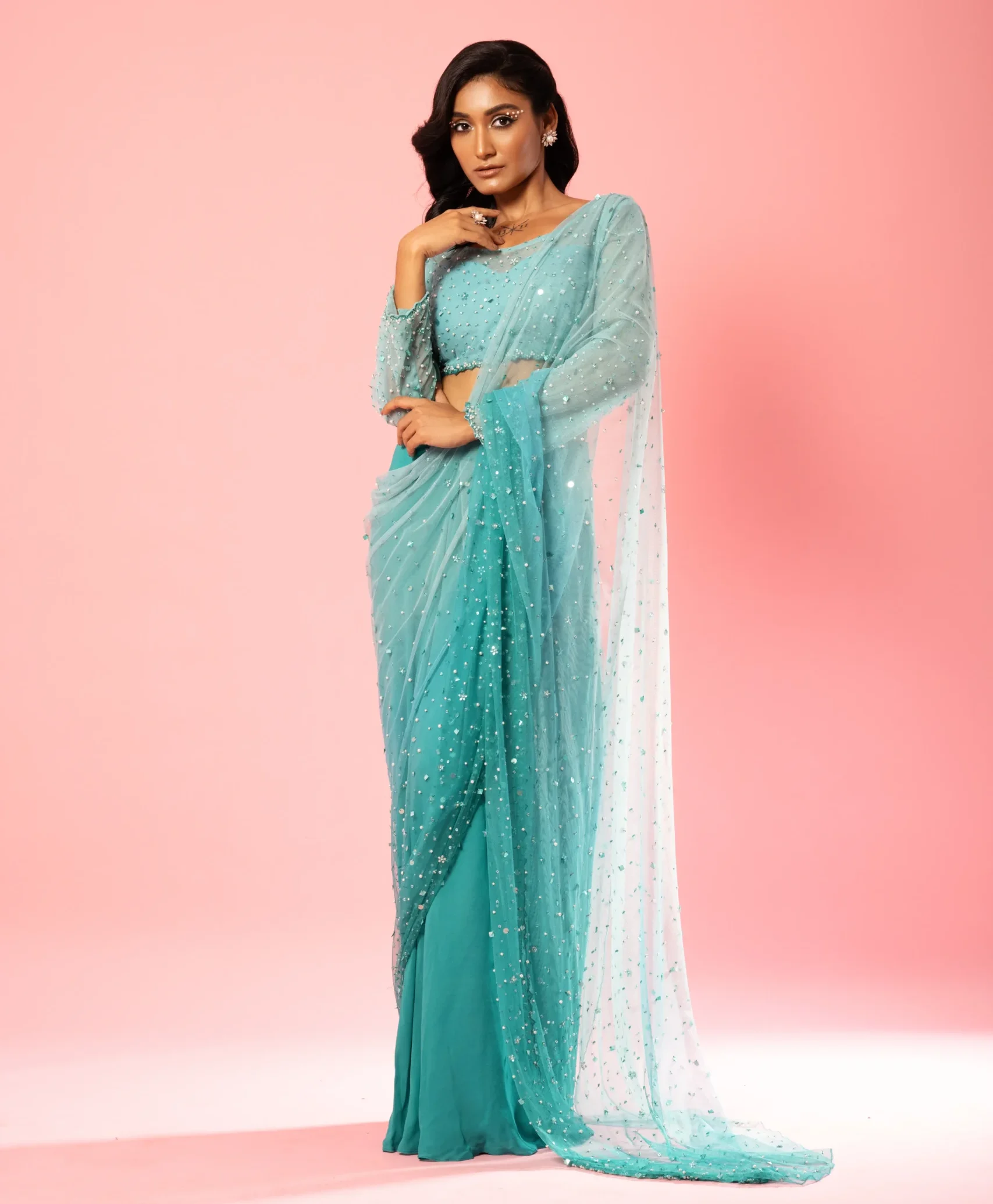 Teal and Powder Blue Ombre Georgette Saree with embroidered blouse from Golden Muslin By Quench A Thirst