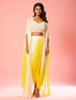 Ivory and Sunshine Yellow Ombre Co-ord Set with embroidered jacket and dhoti skirt from Golden Muslin By Quench A Thirst