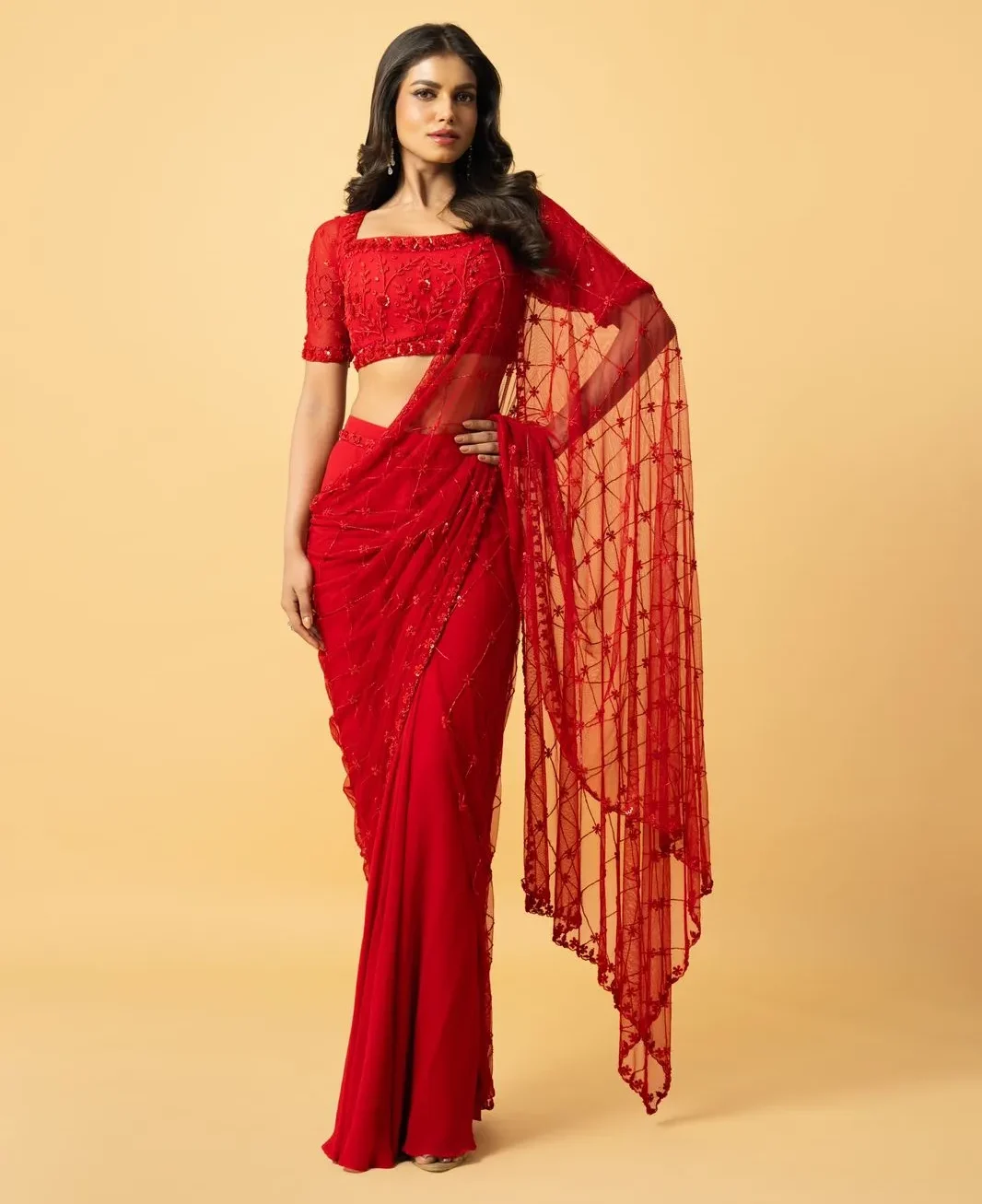 Red Soft Net & Georgette Saree with hand embroidery featuring cutdana and tiki work from Golden Muslin By Quench A Thirst