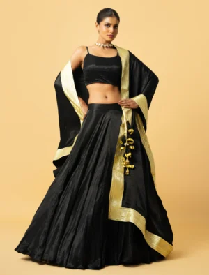 Black Modal Satin Lehenga Set with Sleeveless Blouse and Lace Dupatta