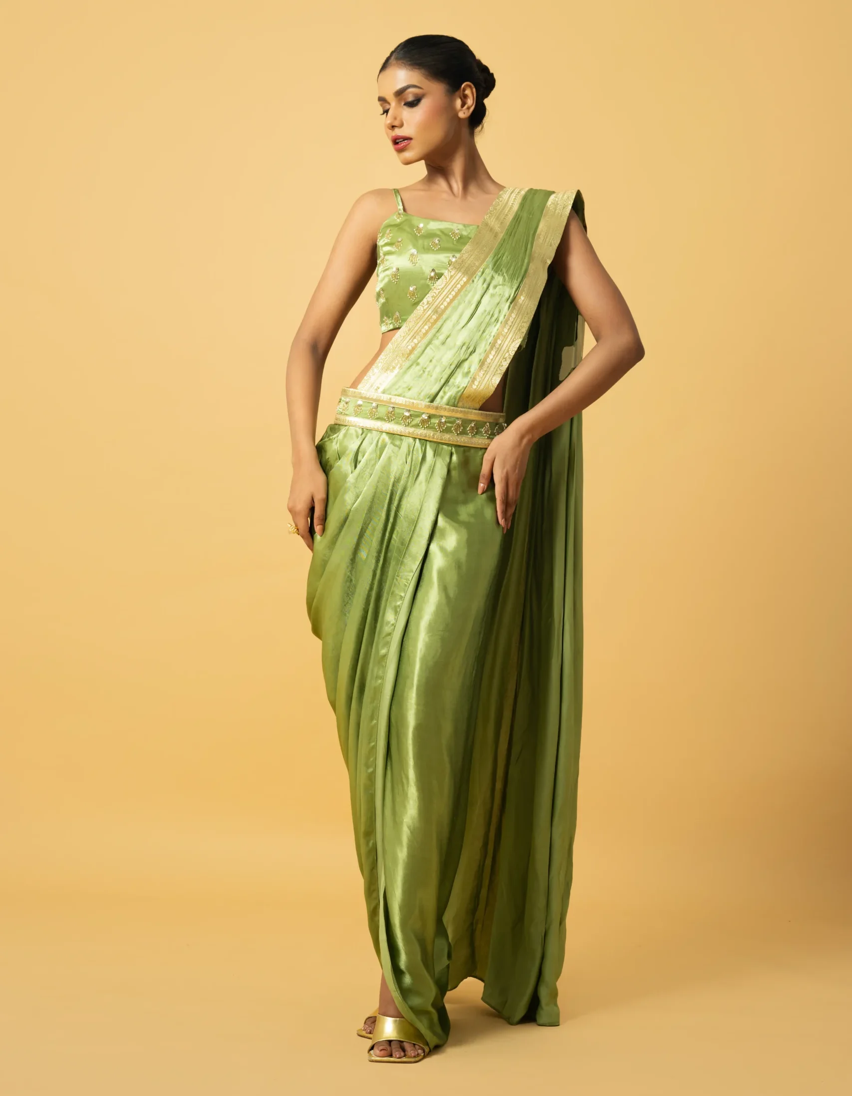 Bright Mint Green Modal Satin Pre-Draped Dhoti Saree with embroidered blouse from Golden Muslin By Quench A Thirst