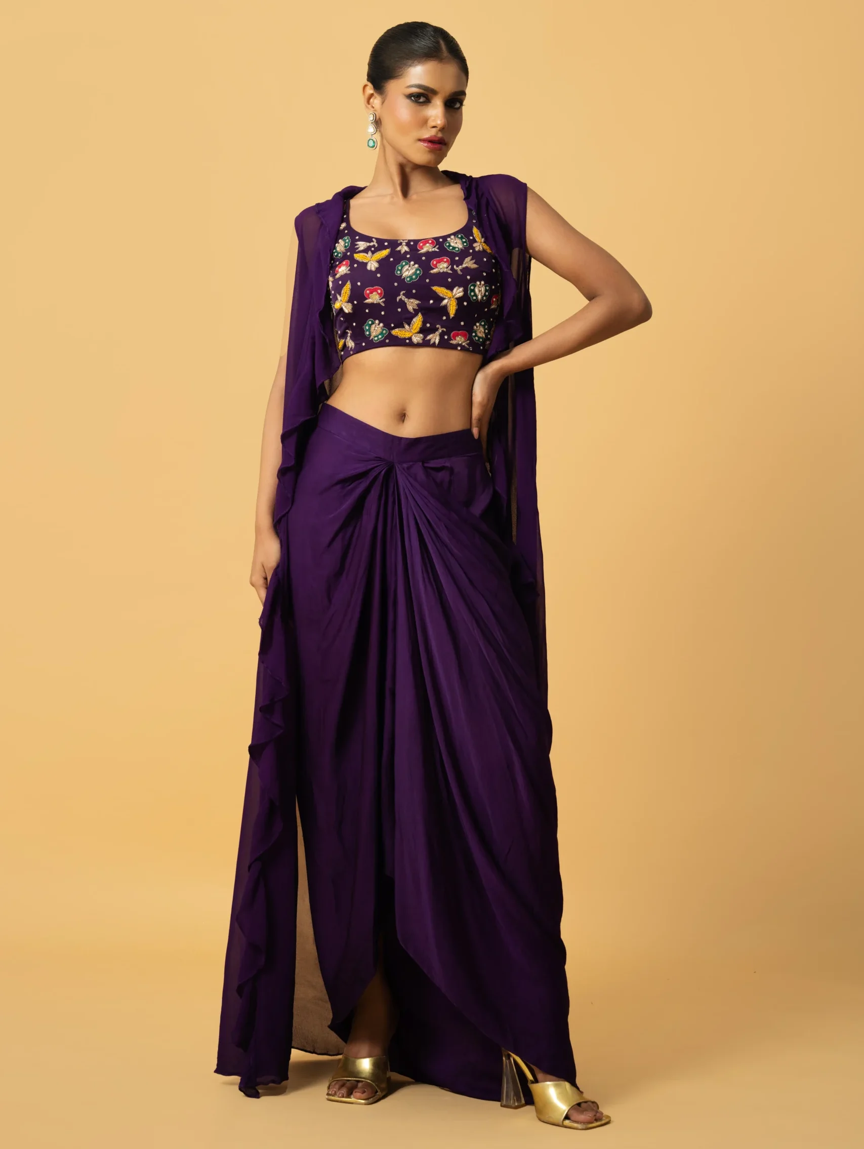 Violet Modal Satin Co-ord Set with embroidered blouse, dhoti and georgette cape from Golden Muslin By Quench A Thirst
