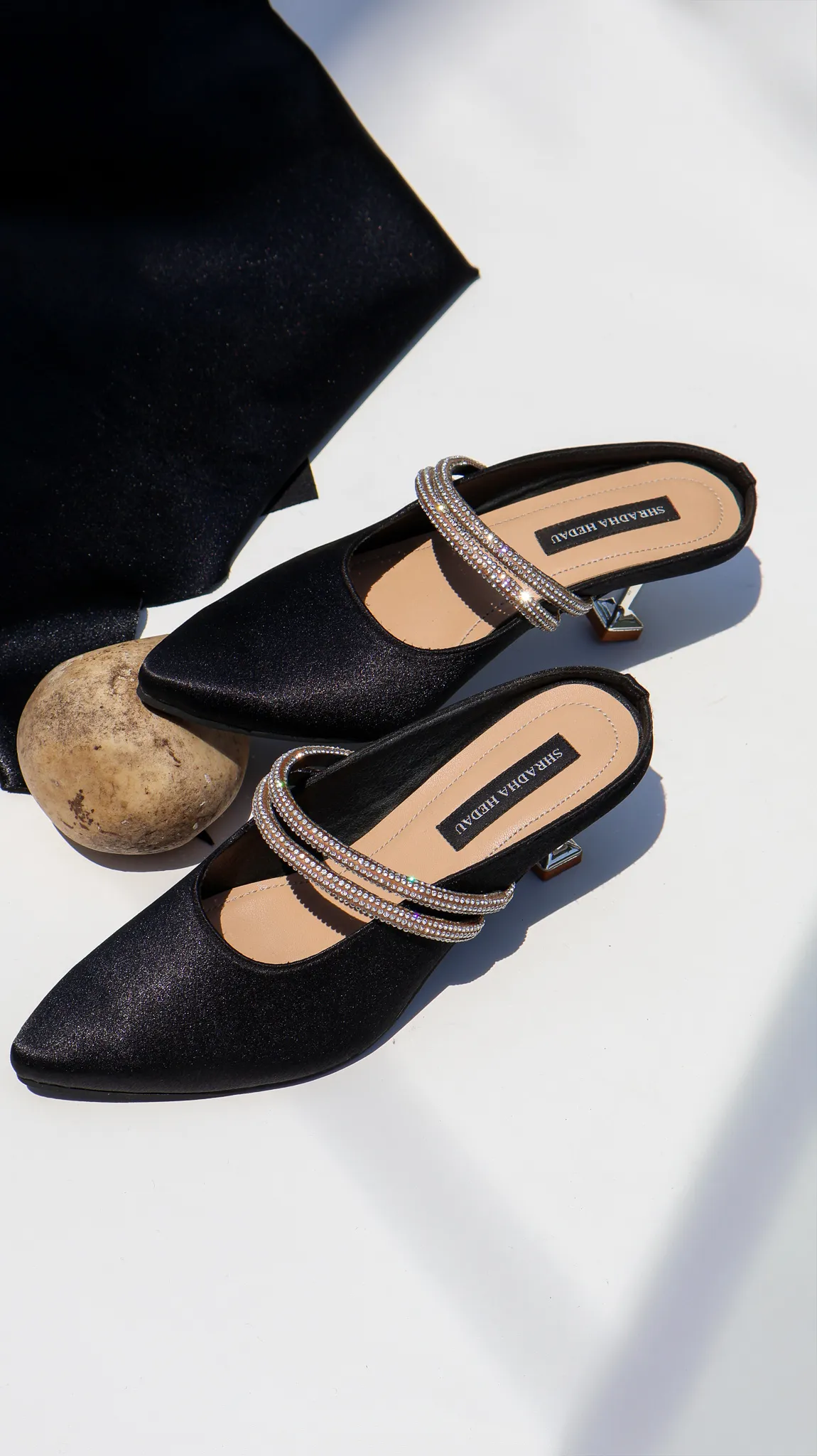 Lyra Collection Black Satin Heels from Golden Muslin By Shradha Hedau with embellished double straps