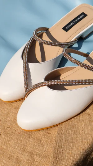 Almas Collection White Vegan Leather Heels from Golden Muslin By Shradha Hedau with embellished crossover straps