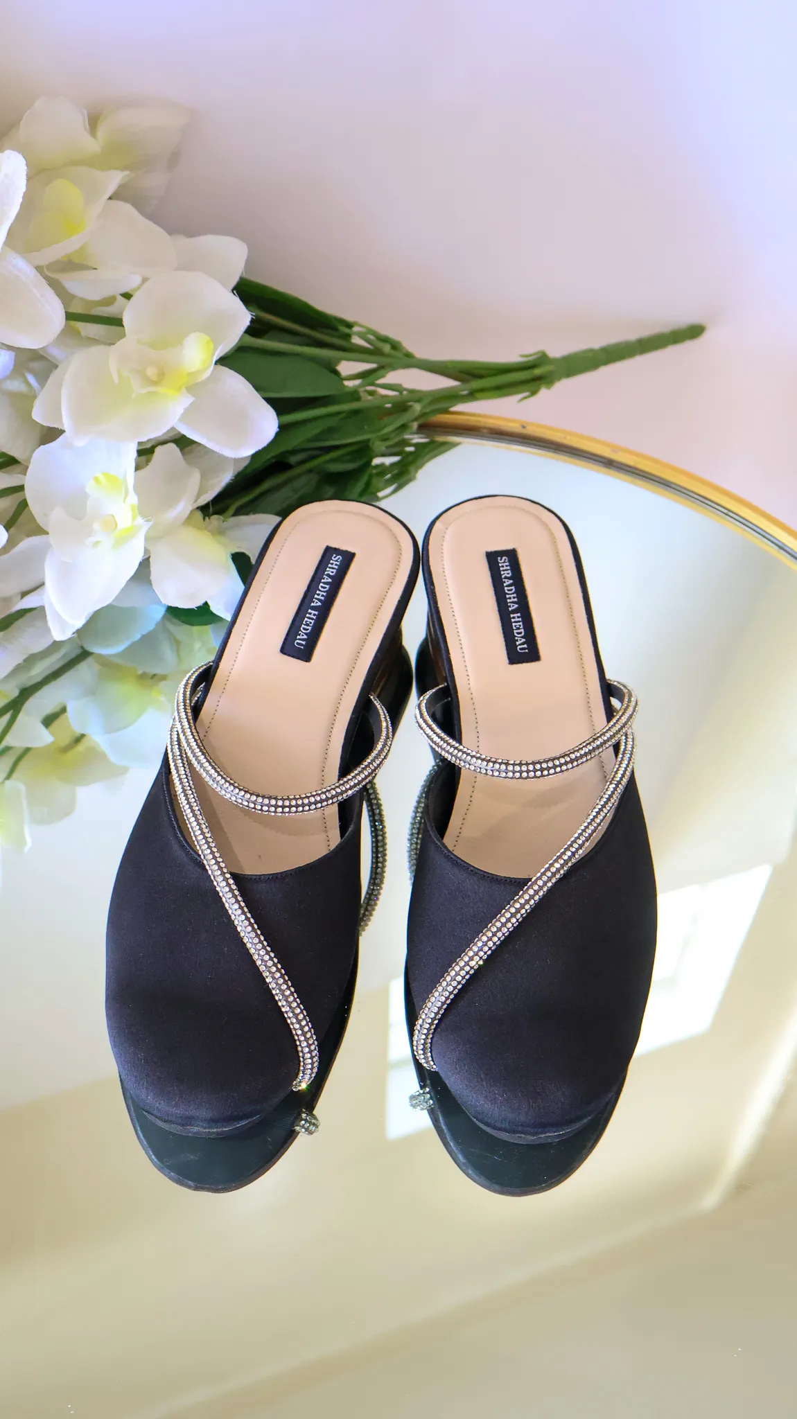 Ellen Collection Black Satin Heels from Golden Muslin By Shradha Hedau with embellished cross straps