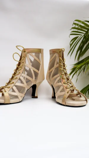 Elara Collection Beige Satin Boots from Golden Muslin By Shradha Hedau with lace-up detailing