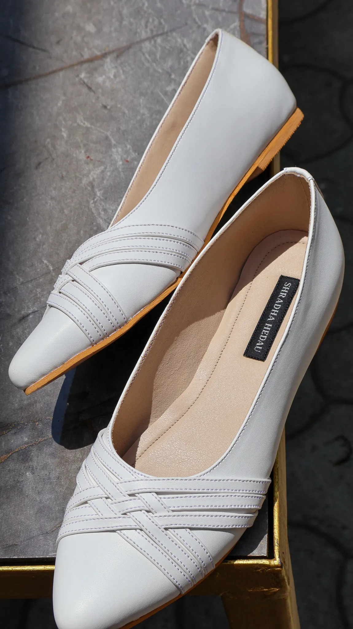 Candance Collection White Vegan Leather Flats from Golden Muslin By Shradha Hedau with braided upper