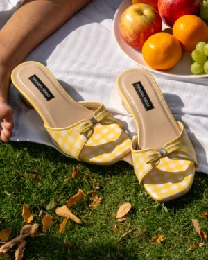 Buttercup Collection Yellow Gingham Flats from Golden Muslin By Shradha Hedau with metallic accent