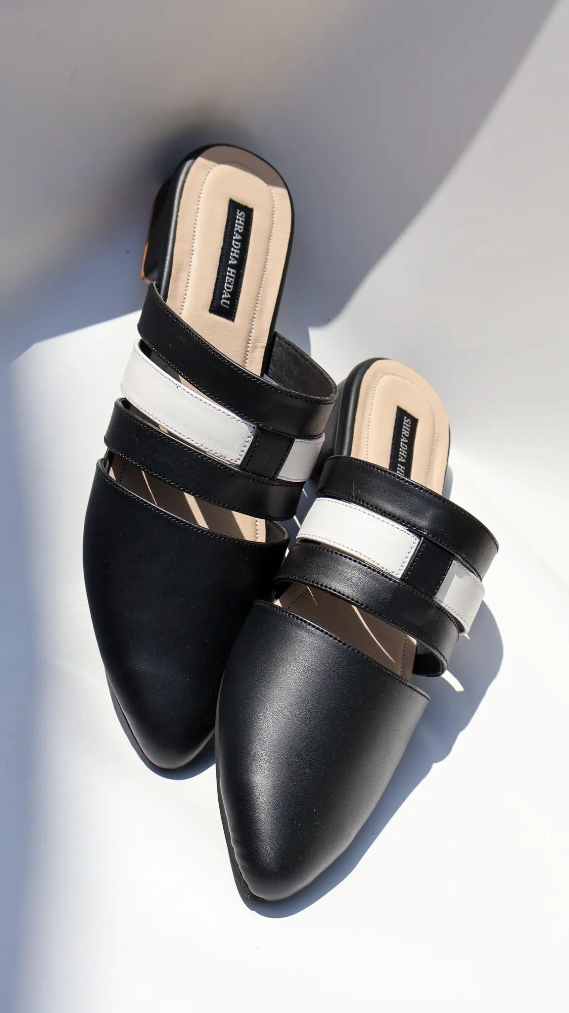 Ethel Collection Black and White Heels from Golden Muslin By Shradha Hedau with tri-strap detail
