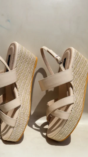 Branwen Collection Beige Wedge Heels from Golden Muslin By Shradha Hedau with crossover straps