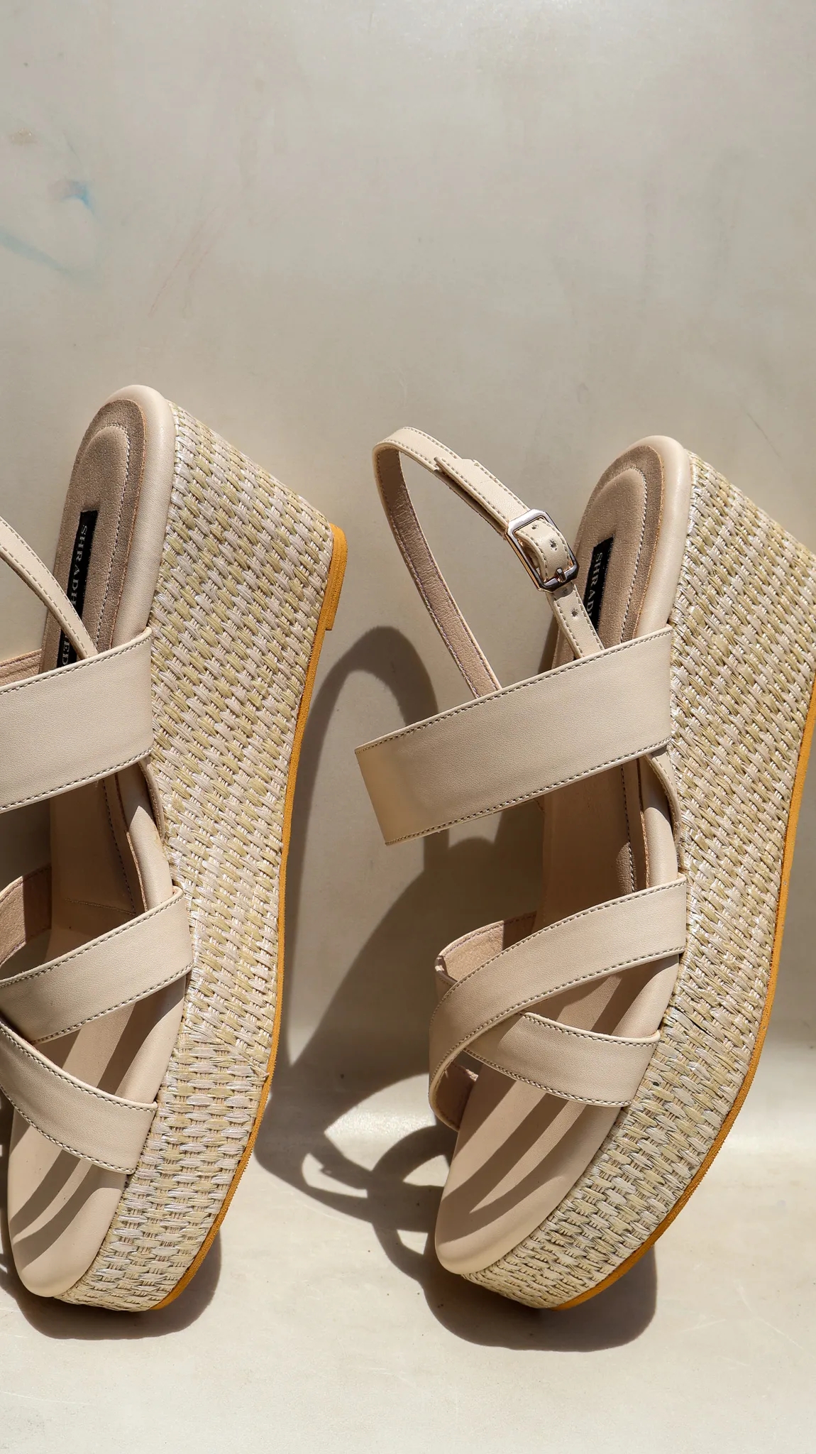 Branwen Collection Beige Wedge Heels from Golden Muslin By Shradha Hedau with crossover straps