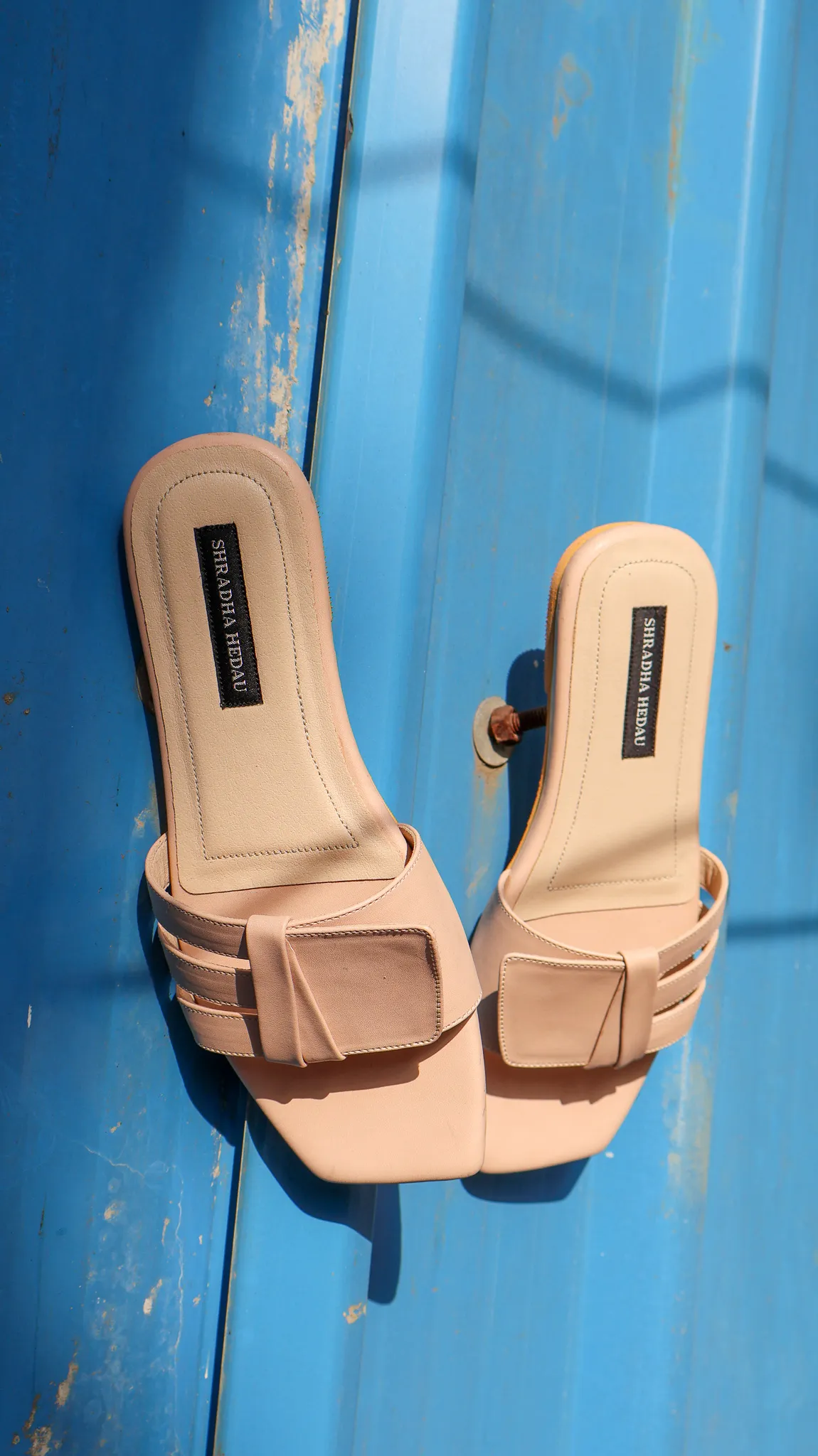 Bay Collection Peach Open Toe Flats from Golden Muslin By Shradha Hedau with bow detail