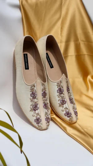 Aaryan Collection Raw Silk Mojadi from Golden Muslin By Shradha Hedau with floral embroidery