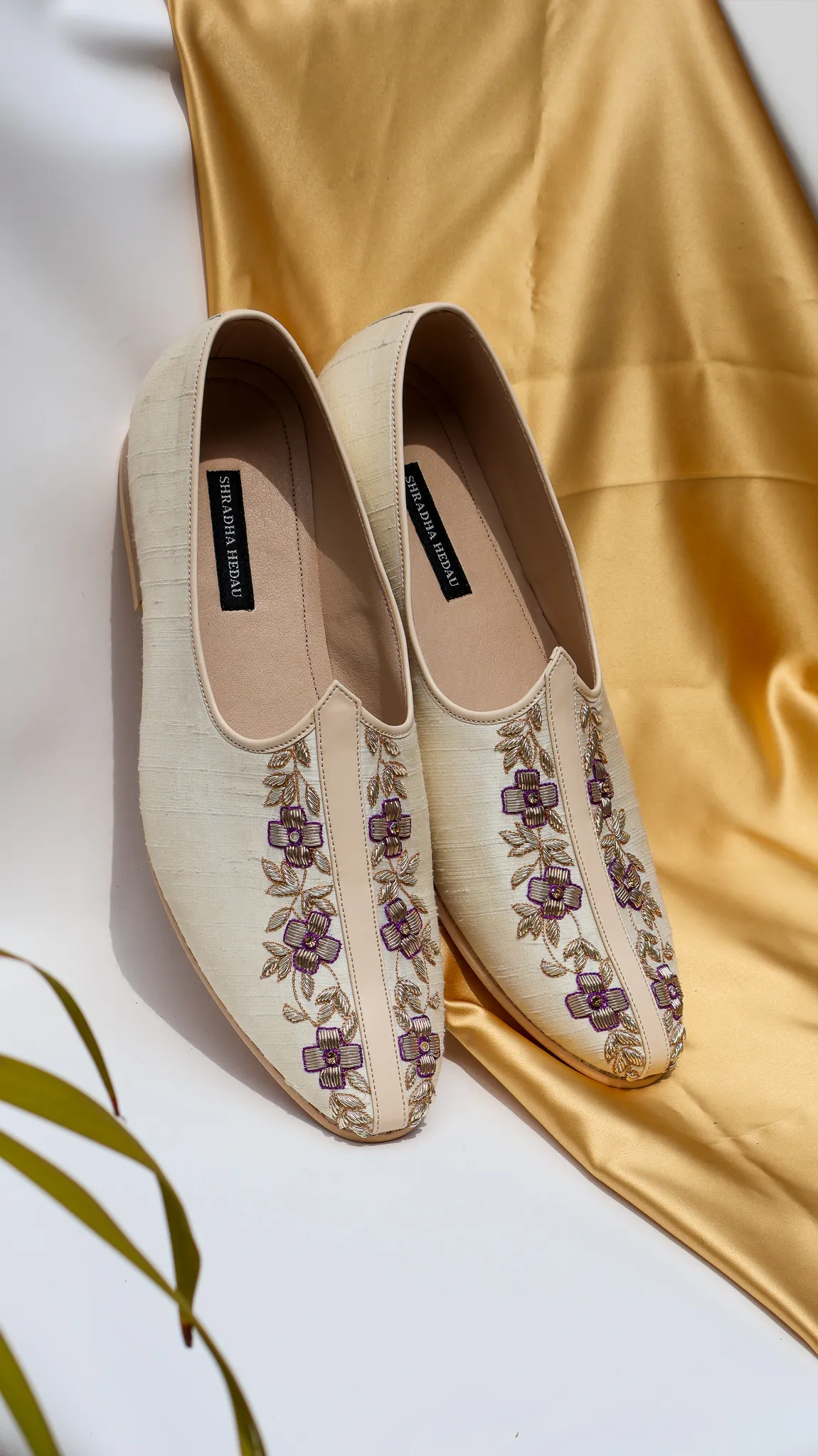 Aaryan Collection Raw Silk Mojadi from Golden Muslin By Shradha Hedau with floral embroidery