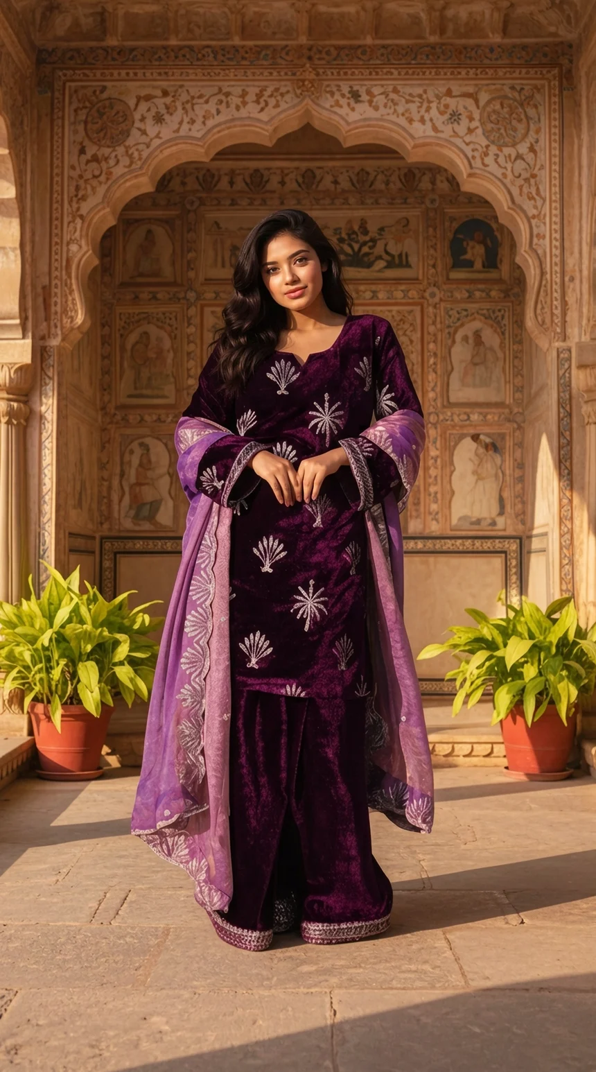 Maroon Velvet Kurta Set with Embroidery, Sequin Work, Flared Bottoms and Dupatta from Golden Muslin By Satya JB
