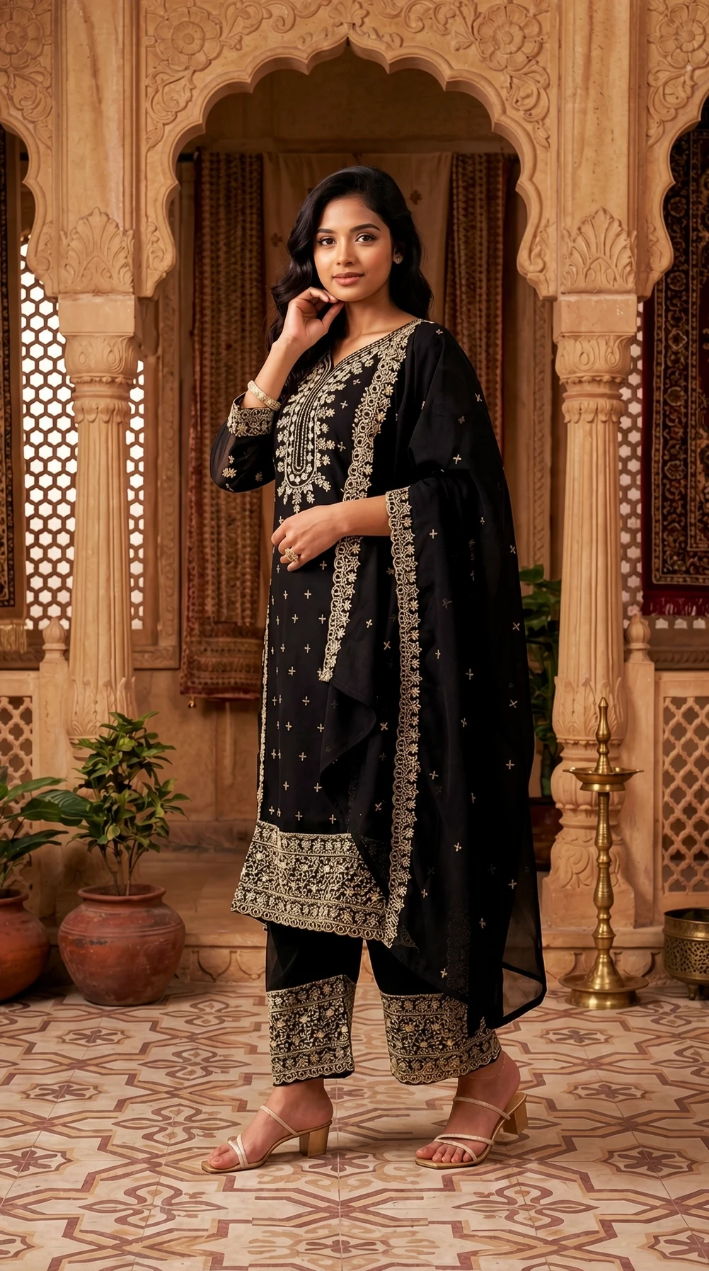 Jet Black Georgette Kurta Palazzo Set with Zari Embroidery, Palazzo Pants and Dupatta from Golden Muslin By Satya JB