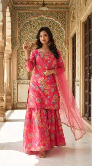 Chinnon Kurta Set with Embroidery, Sequin Work, Flared Bottom and Dupatta from Golden Muslin By Satya JB
