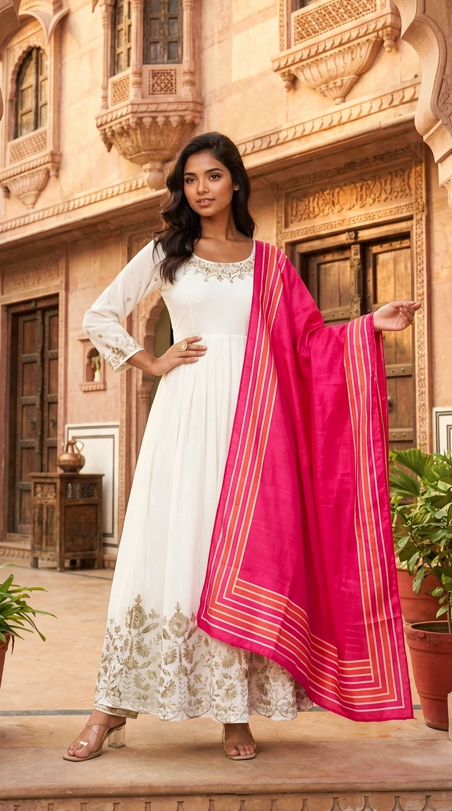 White Georgette Kurta Set with Embroidery, Coordinated Bottoms and Contrast Dupatta from Golden Muslin By Satya JB