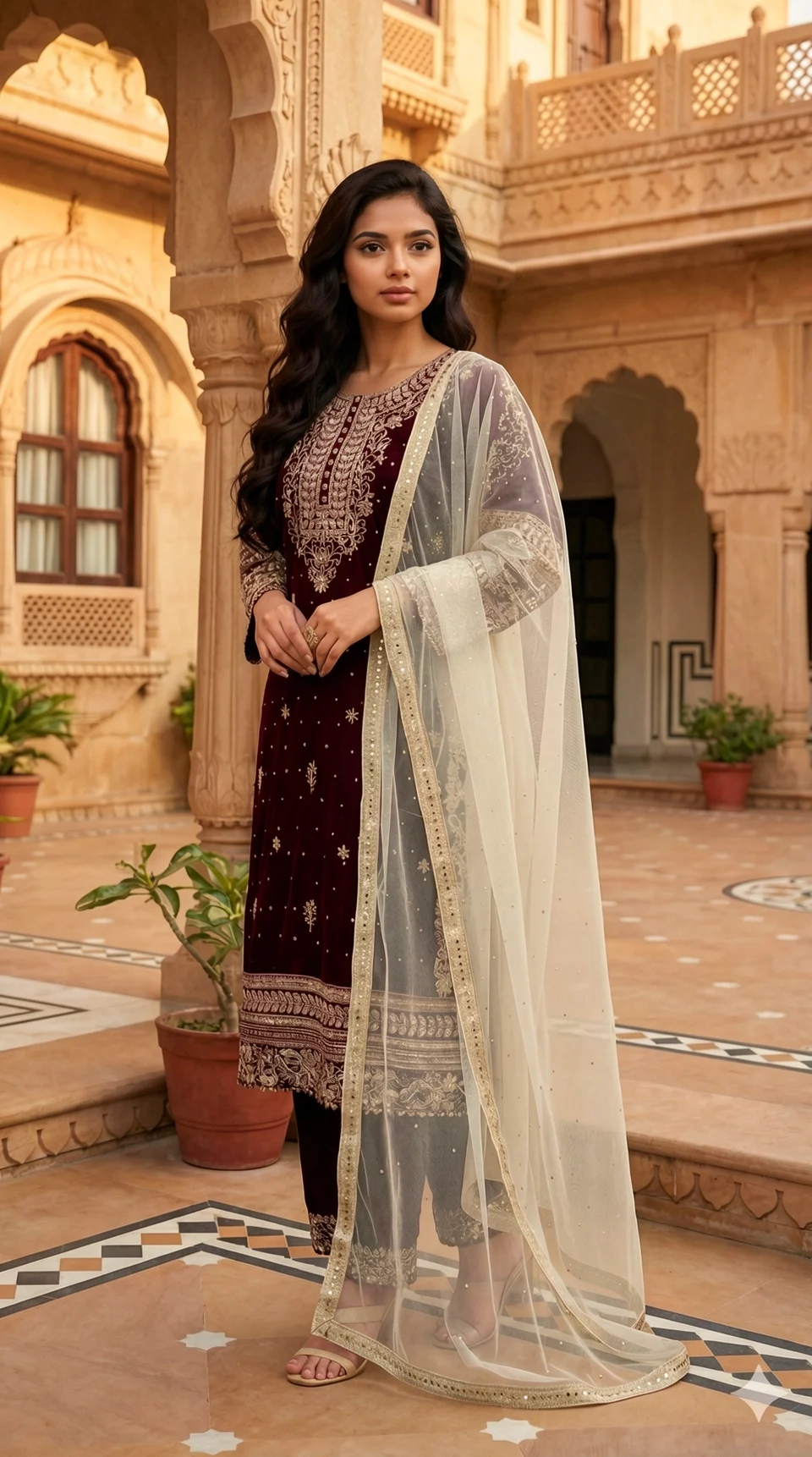 Maroon Micro Velvet Kurta Set with Gold Zari and Sequin Embroidery and Net Dupatta from Golden Muslin By Satya JB