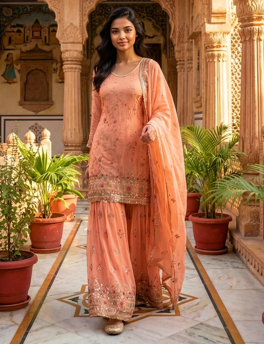 Peach Kurta Sharara Set with Floral Embroidery, Flared Sharara and Dupatta from Golden Muslin By Satya JB