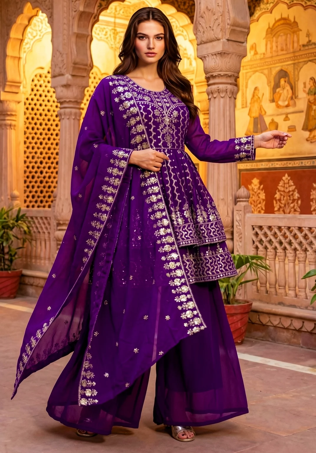 Deep Violet Kurta Palazzo Set with Gold Embroidery, Flared Palazzo and Dupatta from Golden Muslin By Satya JB
