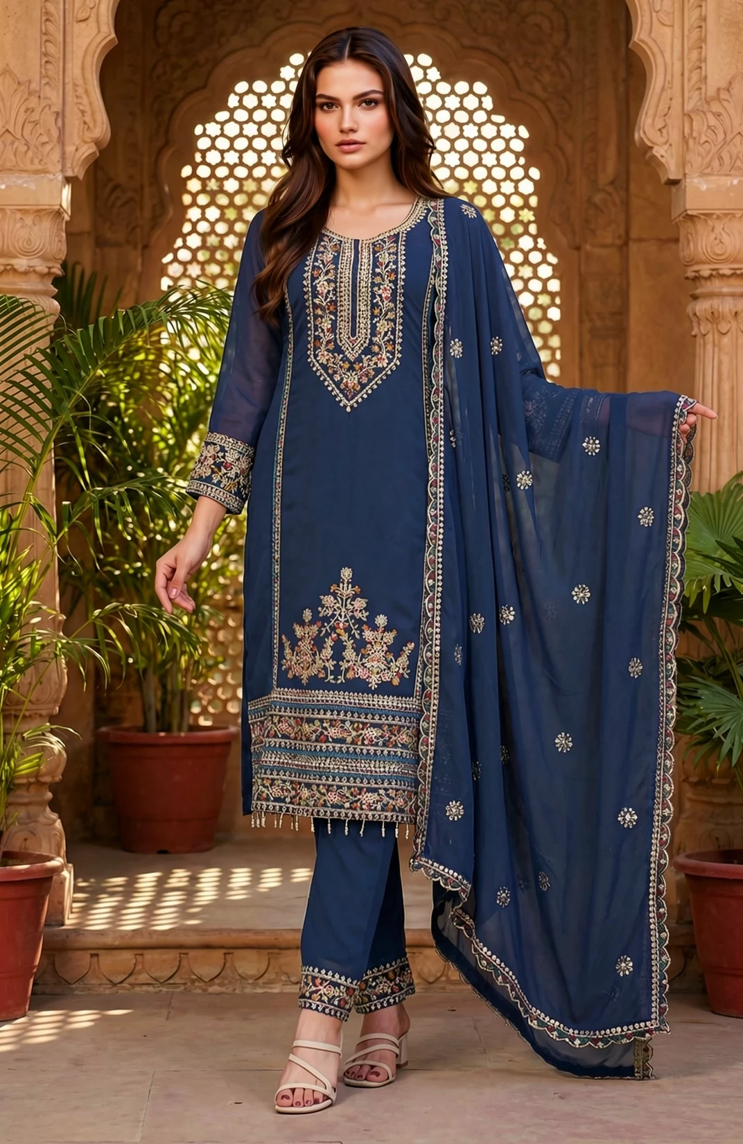 Teal Blue Kurta Pant Set with Multicolor Embroidery, Straight Pants and Dupatta from Golden Muslin By Satya JB