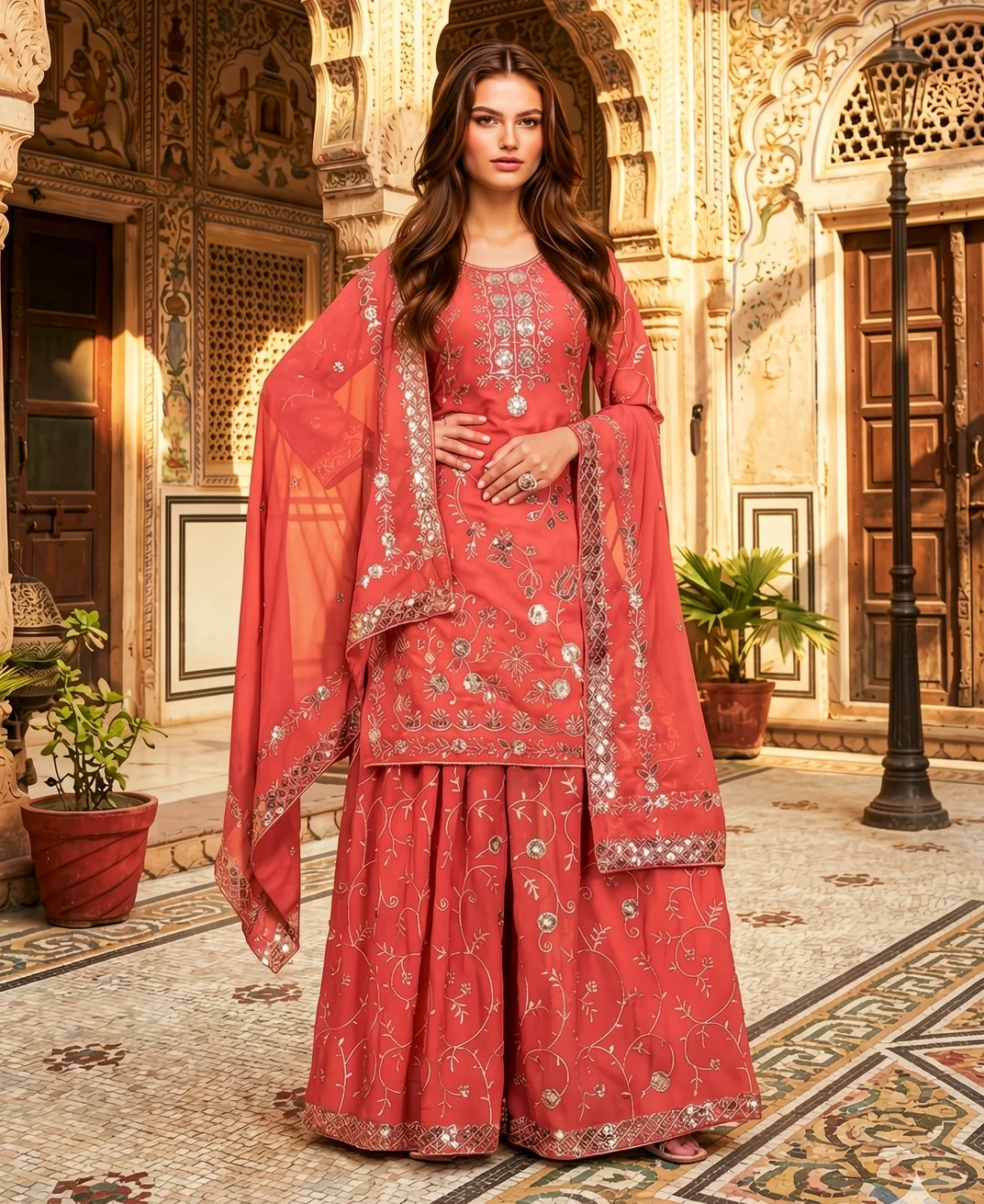 Dusty Rose Kurta Sharara Set with Silver Floral Embroidery, Flared Sharara and Organza Dupatta from Golden Muslin By Satya JB