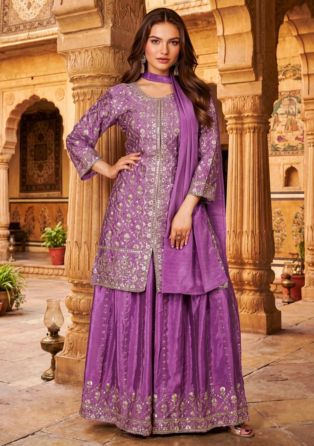 Mauve Purple Kurta Sharara Set with Gold Floral Embroidery, Flared Sharara and Dupatta for Festive Wear from Golden Muslin By Satya JB