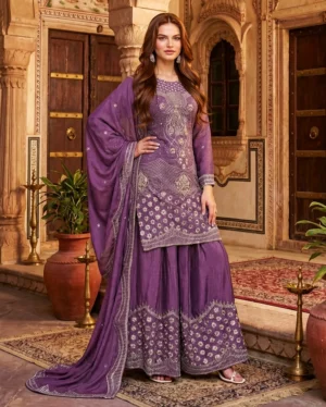 Lavender Purple Kurta Sharara Set with Silver Embroidery, Flared Sharara and Dupatta for Festive Wear from Golden Muslin By Satya JB