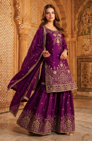 Plum Kurta Sharara Set with Gold Floral Embroidery, Flared Sharara and Dupatta for Festive Wear from Golden Muslin By Satya JB