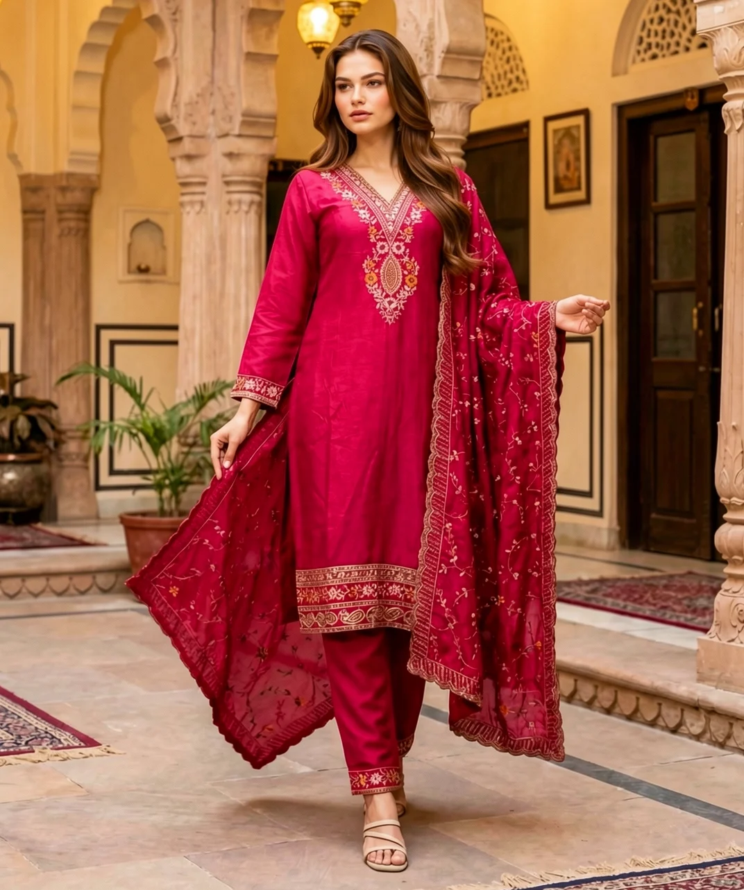Rani Pink Kurta Pant Set with Gold Embroidery, Matching Pants and Dupatta for Festive Wear from Golden Muslin By Satya JB
