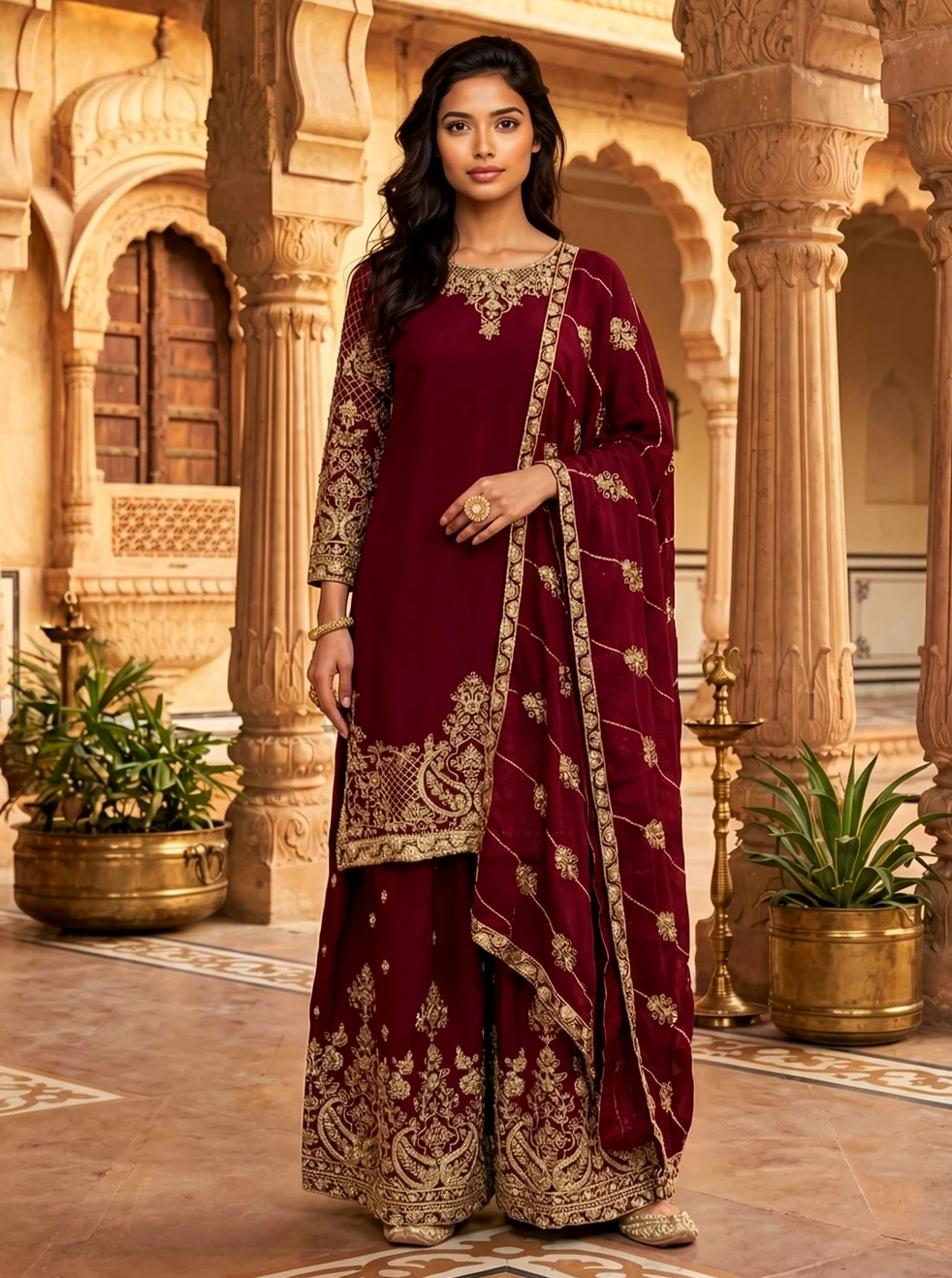 Crimson Maroon Kurta Palazzo Set with Gold Embroidery, Flared Palazzo and Dupatta from Golden Muslin By Satya JB