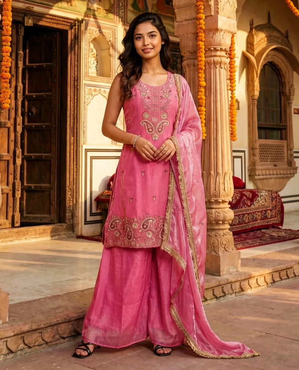 Blush Pink Kurta Sharara Set with Gold Embroidery, Flared Sharara and Dupatta from Golden Muslin By Satya JB