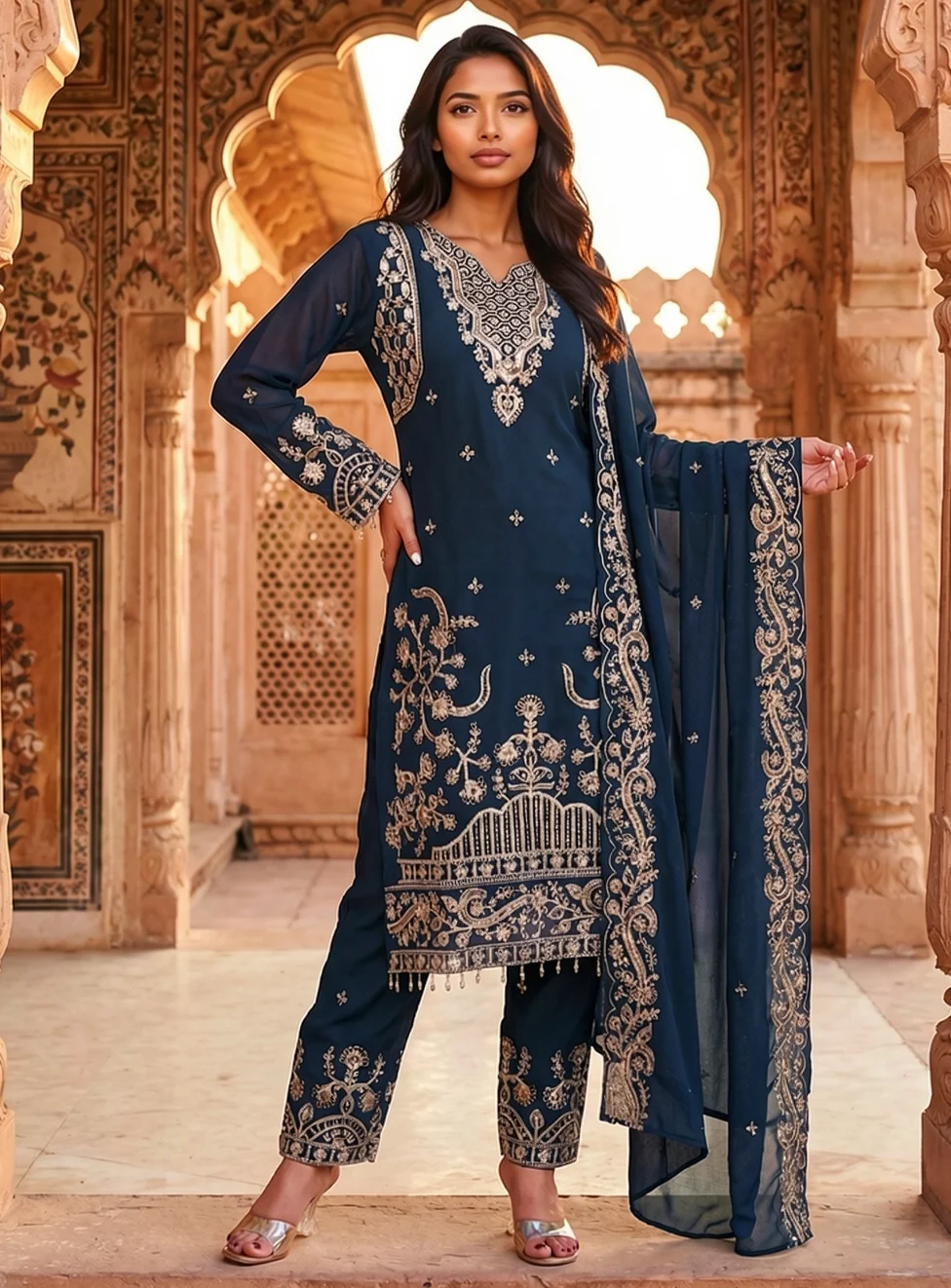 Midnight Blue Kurta Pant Set with Gold Embroidery, Straight Pants and Dupatta from Golden Muslin By Satya JB