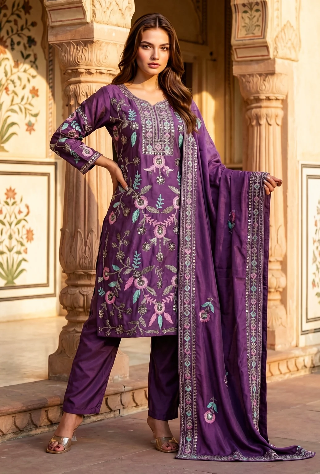 Plum Floral Print Kurta Pant Set with Straight Pants and Dupatta from Golden Muslin By Satya JB