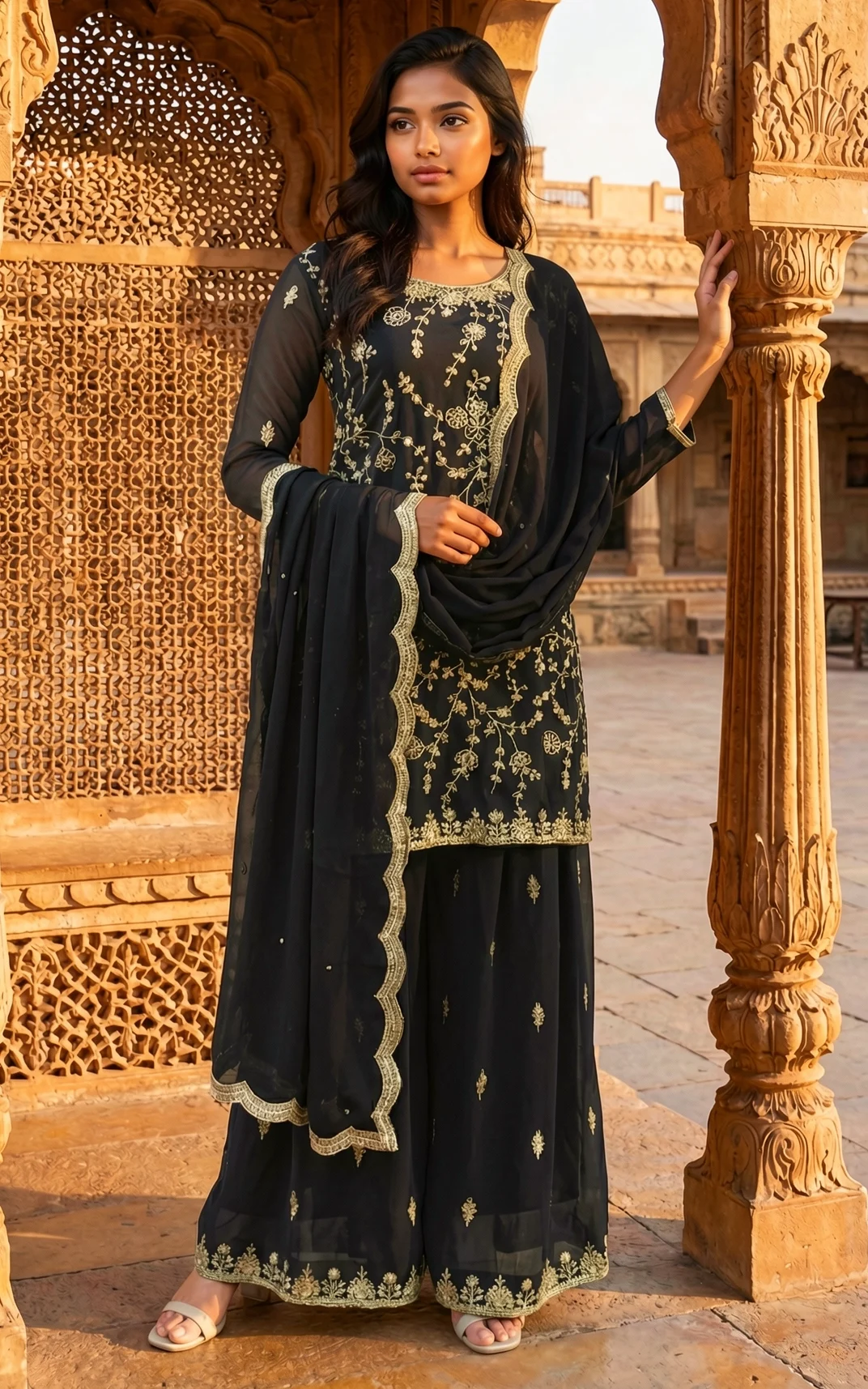 Midnight Black Kurta Sharara Set with Gold Floral Embroidery, Flared Sharara and Dupatta from Golden Muslin By Satya JB