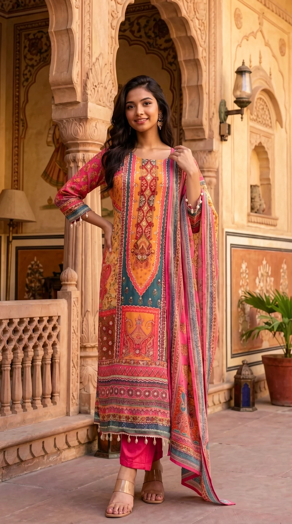 Chinon Kurta Set with Multicolor Embroidery, Matching Bottoms and Printed Dupatta from Golden Muslin By Satya JB