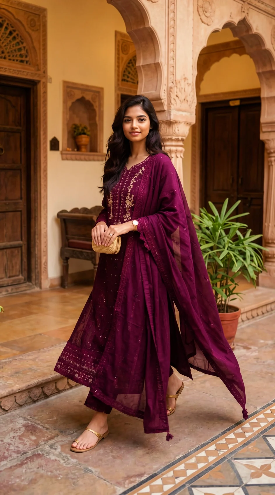 Wine Georgette Kurta Set with Embroidery, Sequin Work, Bottoms and Dupatta from Golden Muslin By Satya JB